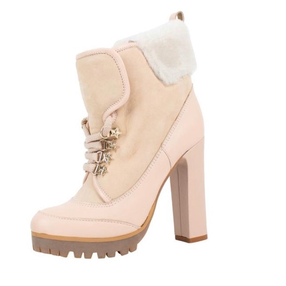 RED Valentino Shoes - RED VALENTINO Nude Lace Up with Fur Leather Heels Boots/Booties